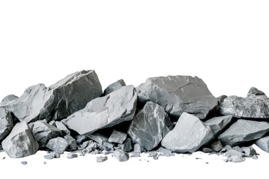 Pile of grey rocks scattered on a light background showcasing various textures and shapes in natural stone arrangement