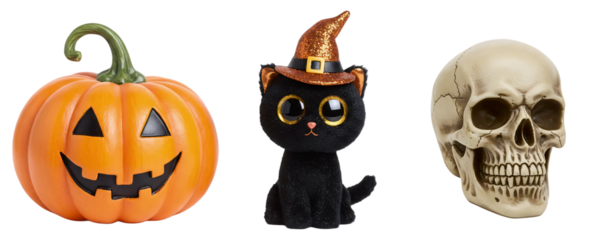 A set of classic Halloween characters and symbols, featuring a jack-o'-lantern, a black cat with a witch hat, and a human skull. This collection is perfect for traditional holiday decorations.
