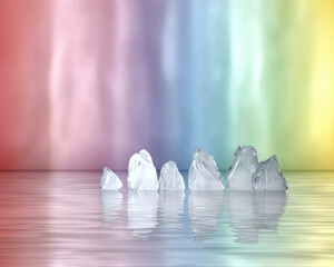 Ice cube reflection on water surface with colorful blurred background creating calm and cool atmosphere
