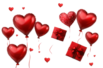 Valentine red heart shaped balloons floating alongside beautifully wrapped gifts in a festive celebration of love and affection during the Valentine season