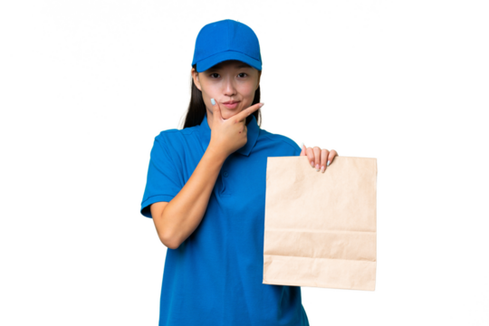 Young Asian woman taking a bag of takeaway food over isolated background thinking