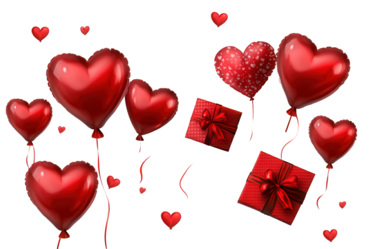 Valentine red heart shaped balloons floating alongside beautifully wrapped gifts in a festive celebration of love and affection during the Valentine season