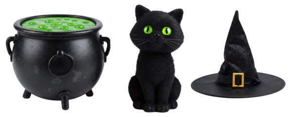 A magical witch-themed Halloween set, featuring a cauldron with bubbling green potion, a black cat, and a pointed witch hat. This collection is perfect for a spooky and enchanting holiday design.