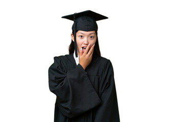 Young university graduate Asian woman over isolated background surprised and shocked while looking right