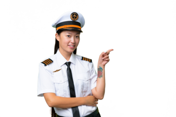Airplane pilot Asian woman over isolated background pointing finger to the side