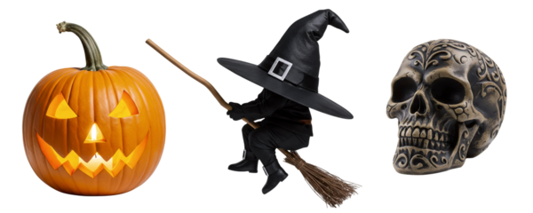 A magical Halloween set with a jack-o'-lantern, a witch flying on a broomstick, and a human skull. This collection combines classic symbols of witchcraft and the spooky season.