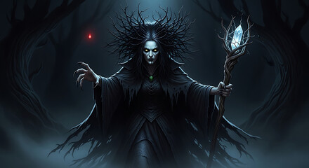 A dark witch with glowing eyes and a staff stands in a shadowy forest with an ominous presence