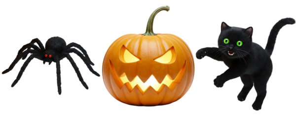 A set of classic Halloween symbols, featuring a large black spider, a carved pumpkin, and a black cat with green eyes. This collection is perfect for a fun and spooky holiday theme.
