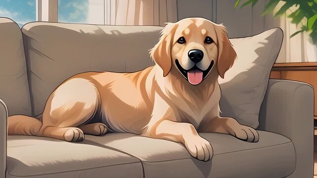 Happy Golden Retriever Relaxing on Gray Couch
