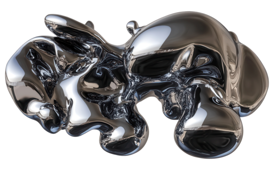 Melty chrome shapes spill liquid in an abstract arrangement highlighting reflective surfaces and fluid forms