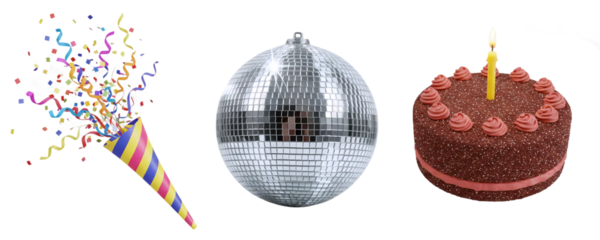 A festive party celebration set with a confetti party popper, a mirrored disco ball, and a rich chocolate cake. This collection is perfect for New Year's Eve, birthdays, or any fun celebration.