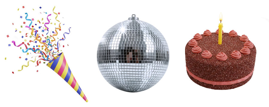 A festive party celebration set with a confetti party popper, a mirrored disco ball, and a rich chocolate cake. This collection is perfect for New Year's Eve, birthdays, or any fun celebration. - Powered by Adobe