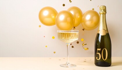Champagne bottle and glass with number 50. Festive photo for birthday or anniversary party