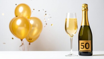 Champagne bottle and glass with number 50. Festive photo for birthday or anniversary party