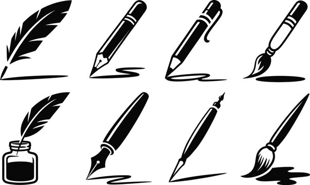 Writing and art tools icons pencil feather quill