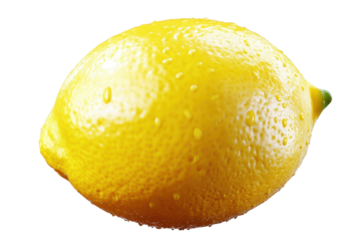 Freshly picked lemon fruit icon isolated on transparent background with droplets of water reflecting natural shine and vibrant color