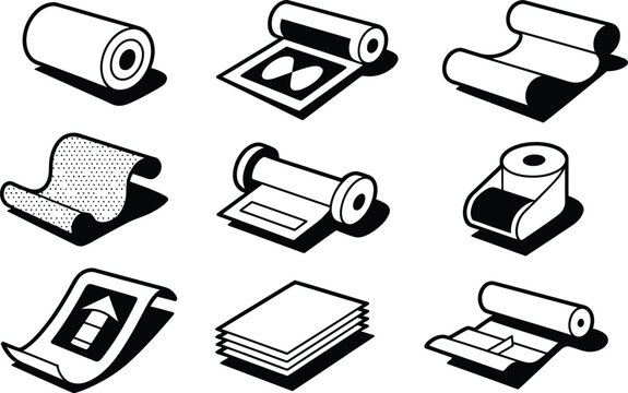 Isometric icons of paper rolls and printing equipment