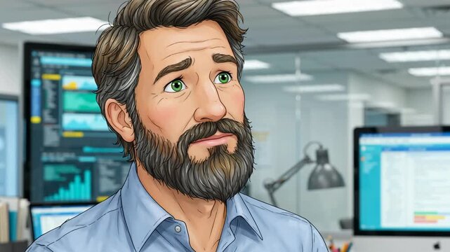 Cartoon middle-aged man with beard, office scene