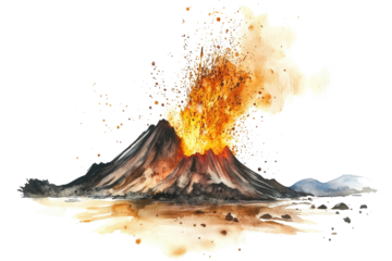 Erupting volcano produces dramatic ash and lava, creating a stunning visual display of nature's power isolated on a white background