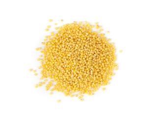 Raw millet grains pile isolated. Little yellow cereal, natural foxtail small seeds