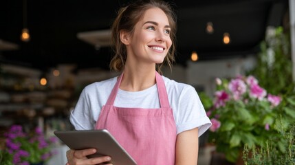 Cheerful young adult female enjoying her time at a cafe while interacting with customers