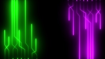 Abstract neon light trails in green and purple against a black background digital art illustration