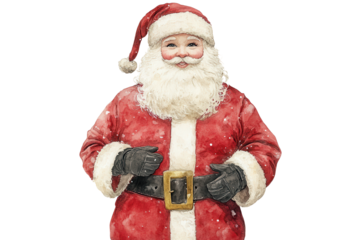 Charming watercolor drawing of Santa Claus in a festive red suit with fluffy white trim, smiling joyfully as snowflakes gently fall around him in a wintry landscape