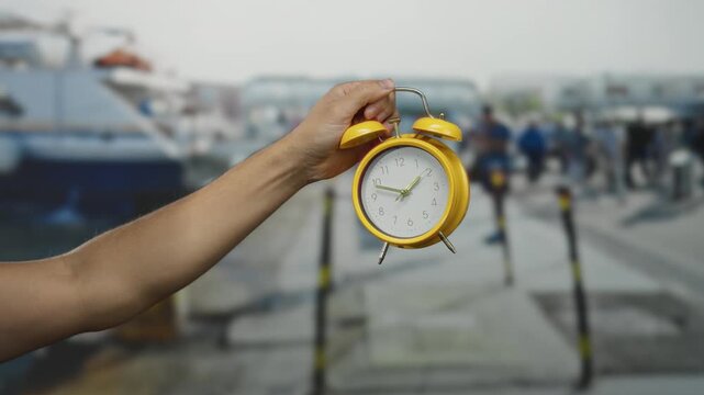 Man holding yellow clock by the seaside port with boats and blurred people in the background under a clear sky.