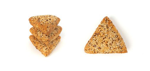 Triangular bun isolated. Wheat bread with sesame and flax seeds, healthy whole grain bakery