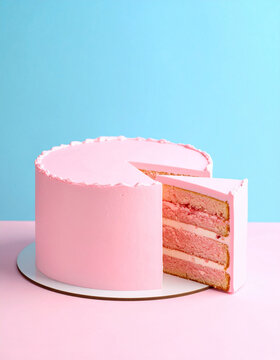 Pink layered cake with one slice removed on a pastel background