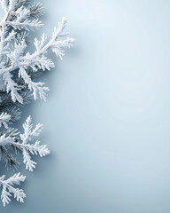 Snow covered pine branch with intricate frost crystals on soft blue background creating calm winter atmosphere