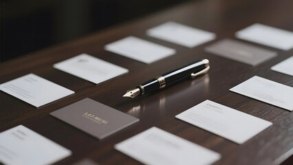 A fountain pen lies on a wooden table surrounded by neatly arranged business cards.