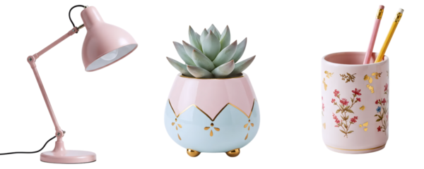 A modern home office or study desk set, including a pink lamp, a succulent in a patterned pot, and a pencil holder. This collection represents a stylish and organized workspace.
