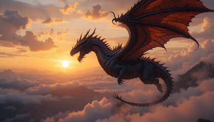 "Majestic Dragon Soaring Through Sunset Skies"