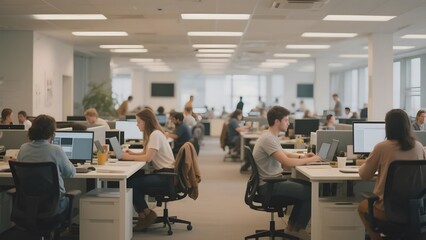 Open-plan office with employees working at desks using computers