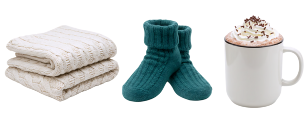 A collection of cozy home essentials, including a stack of folded towels, a pair of warm teal socks, and a mug. This set represents comfort, warmth, and a relaxing routine at home.