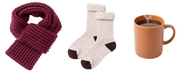 A set of cozy winter accessories, featuring a red knitted scarf, a pair of warm socks, and a simple brown mug. This collection is perfect for representing a warm and comfortable lifestyle.