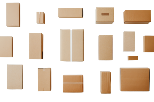 Collection of cardboard boxes arranged for shipping insulation materials in a warehouse setting during daylight hours