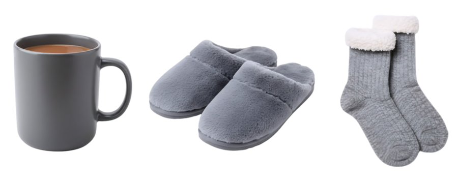 A cozy winter set of accessories, including a mug of a hot beverage, a pair of soft slippers, and warm knitted socks. This set represents comfort and relaxation in a minimalist, neutral color palette.