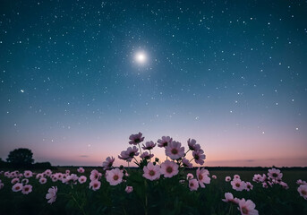 Gorgeous pink flowers under a starry night sky with full moon