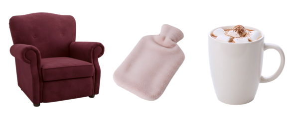 A comfort-themed set for a relaxing day, with a red armchair, a hot water bottle, and a mug of a hot beverage. This collection symbolizes warmth, self-care, and cozying up at home.