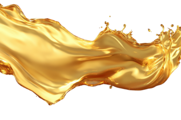Golden oil splash gracefully flows and dances in the air, captured against a transparent background for striking visual clarity and artistic appeal