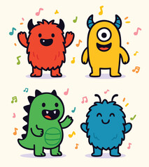 Cute cartoon monsters dancing with music notes, colorful vector illustration