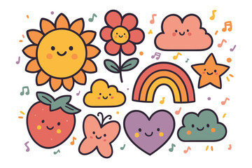 Fototapeta premium Cute cartoon nature elements, sun, flower, clouds, rainbow, and star illustration, kawaii vector art