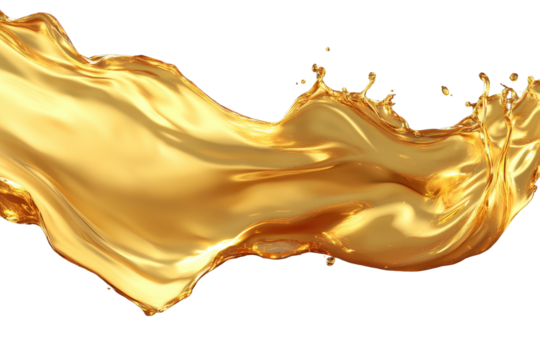 Golden oil splash gracefully flows and dances in the air, captured against a transparent background for striking visual clarity and artistic appeal
