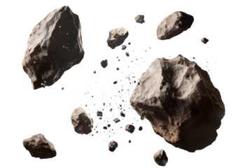 Flying asteroids drift through space, showcasing detailed textures and shapes against a transparent backdrop during a cosmic event