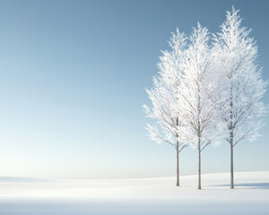 Fototapeta premium Winter landscape with three frost covered trees standing on smooth snow under clear blue sky, evoking calm and serene atmosphere