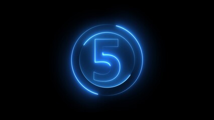 Glowing blue neon number five inside concentric circles on a black background countdown concept
