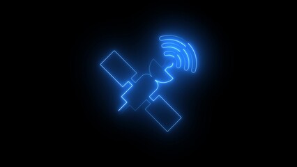 Glowing blue neon satellite illustration with wireless signal emitting from the antenna on a black background