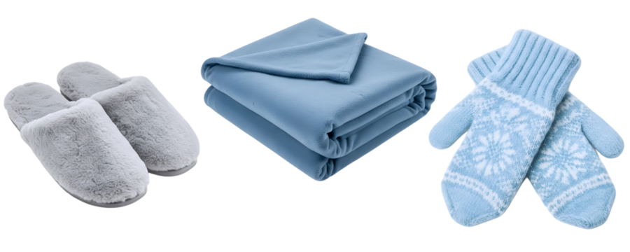 A set of cozy winter accessories in a blue and grey color scheme, featuring soft slippers, a folded blanket, and warm knitted mittens. This collection is perfect for staying warm at home.